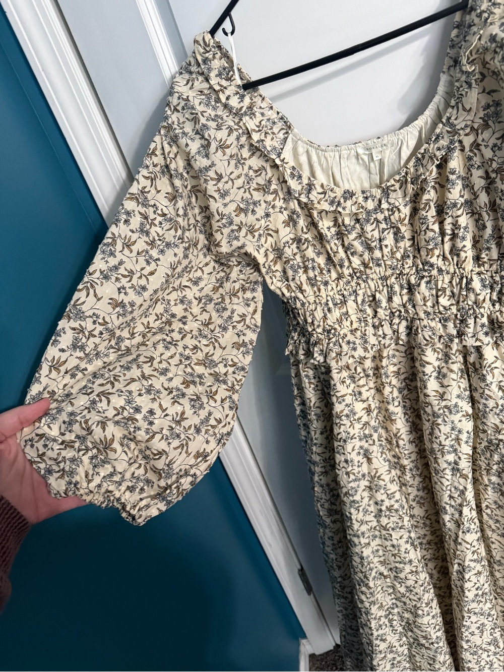Smocked Floral Maxi Dress in Cream with Blue Print - Picture 3 of 4
